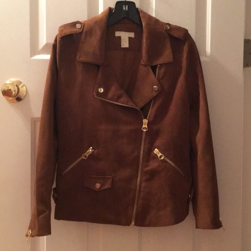 H&M faux suede camel brown moto jacket